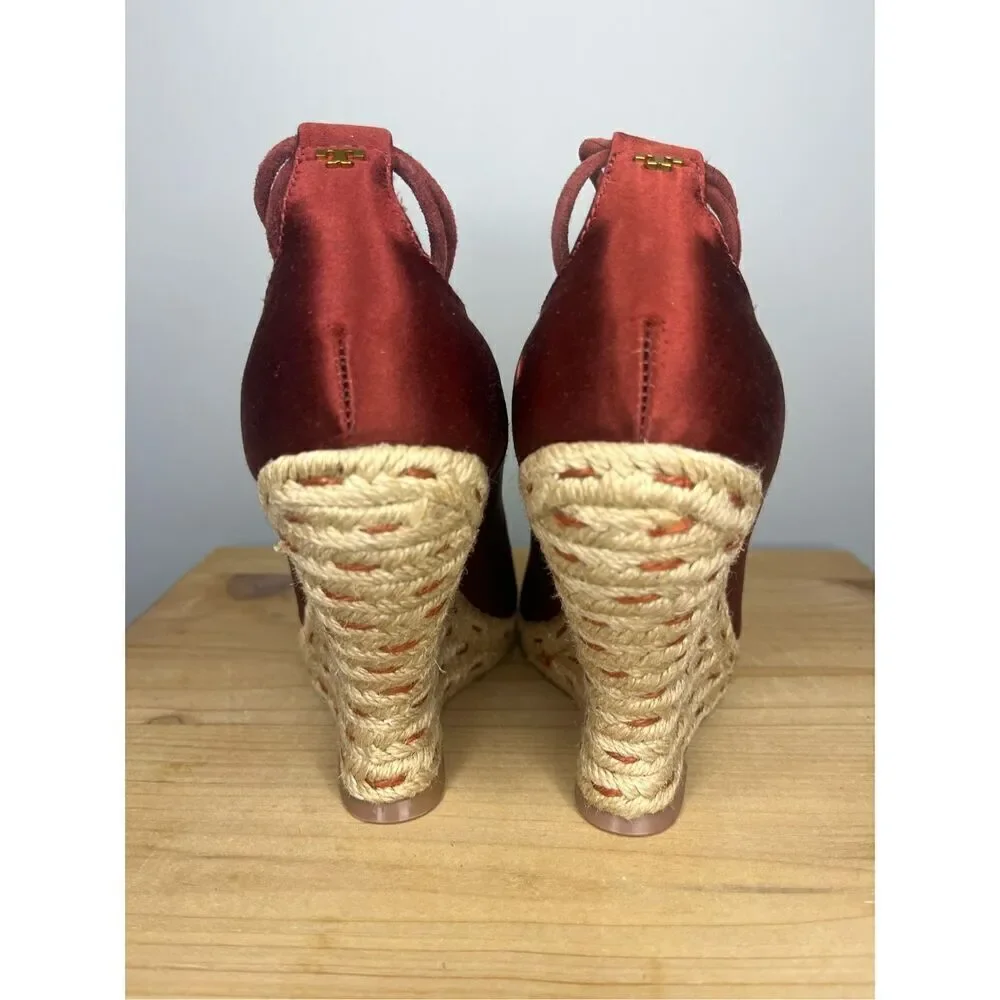 Tory Burch‎ Women's High Heels Wedge Espadrilles Pompoms Satin Merlot Shoes 5.5